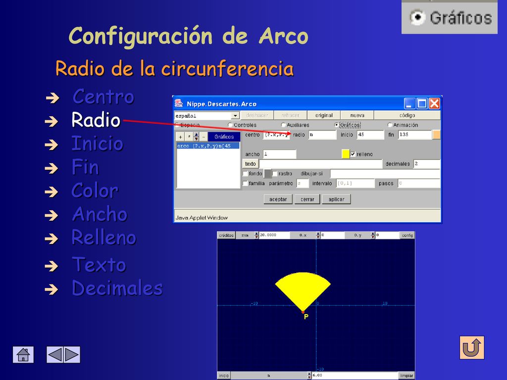 Configuración de Arco Radio de la circunferencia Centro Radio Inicio