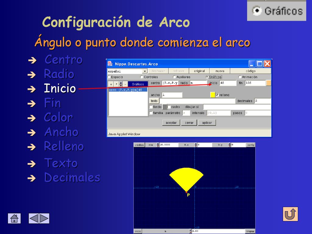 Configuración de Arco Ángulo o punto donde comienza el arco Centro