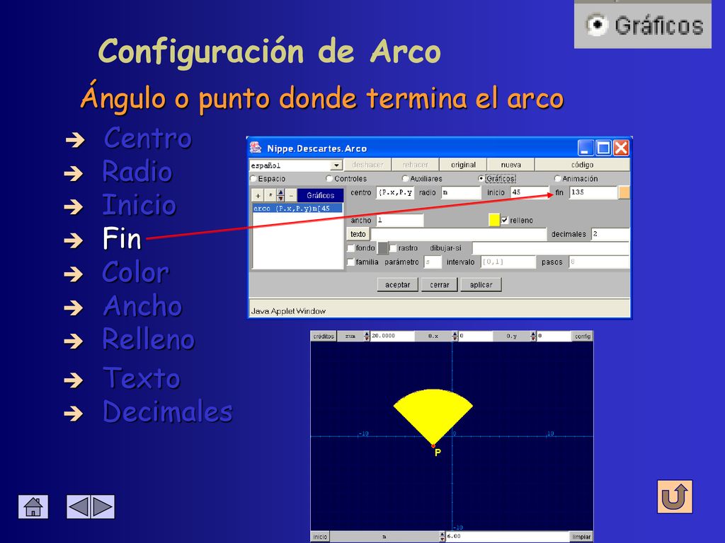 Configuración de Arco Ángulo o punto donde termina el arco Centro