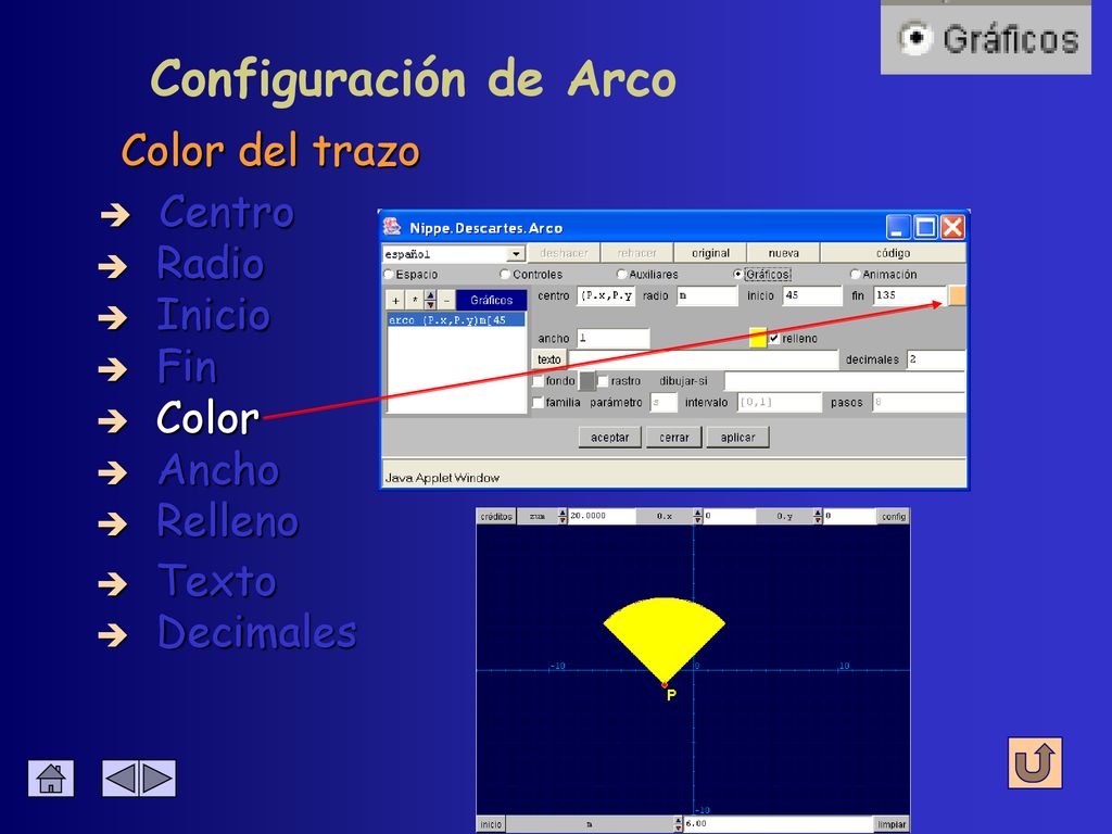 Configuración de Arco Color del trazo Centro Radio Inicio Fin Color
