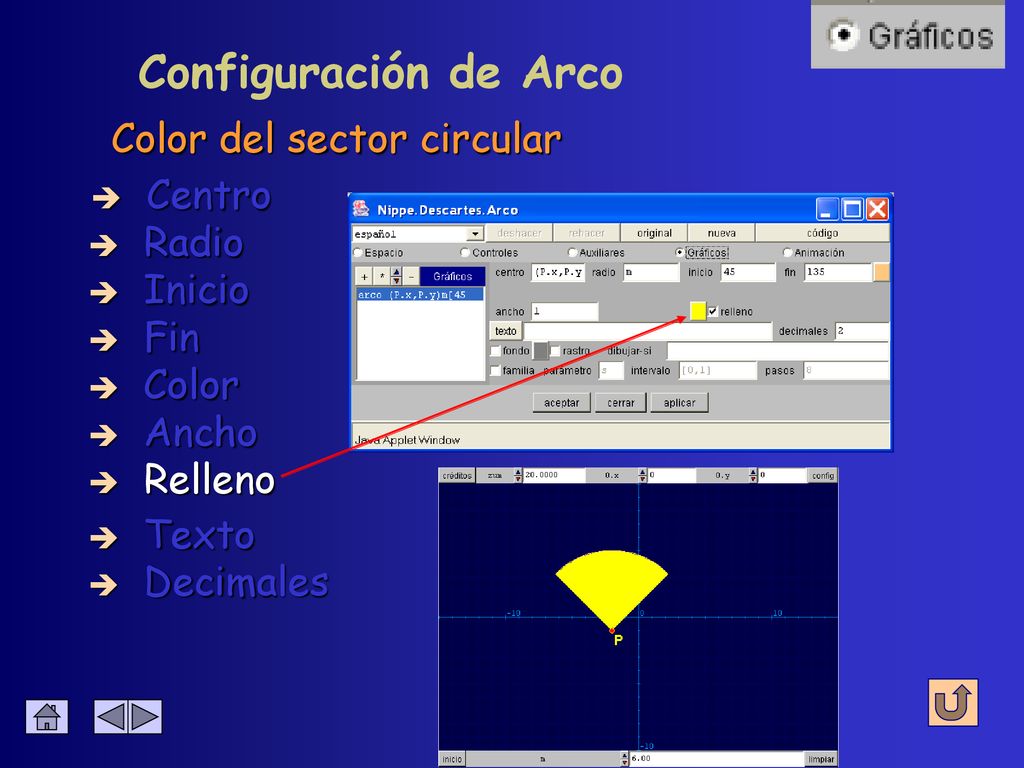 Configuración de Arco Color del sector circular Centro Radio Inicio