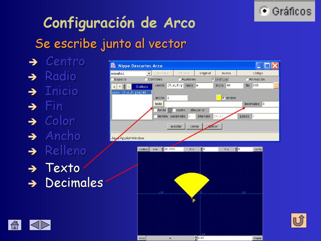 Configuración de Arco Se escribe junto al vector Centro Radio Inicio