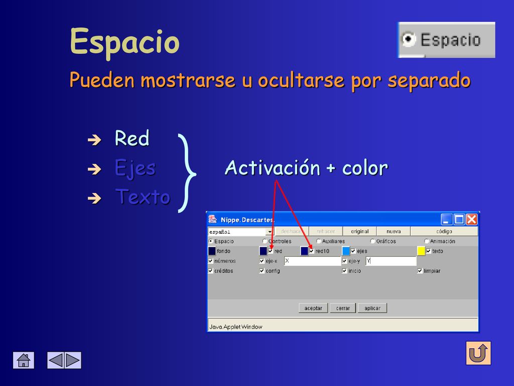 Espacio Pueden mostrarse u ocultarse por separado Red Ejes