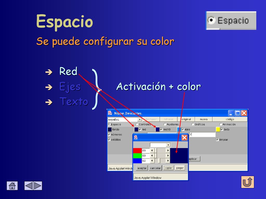 Espacio Se puede configurar su color Red Ejes Activación + color Texto