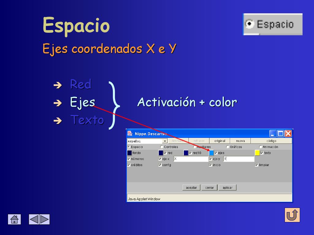 Espacio Ejes coordenados X e Y Red Ejes Activación + color Texto