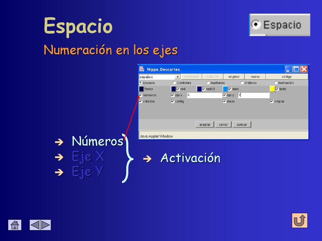 Espacio Numeración en los ejes Números Eje X Activación Eje Y