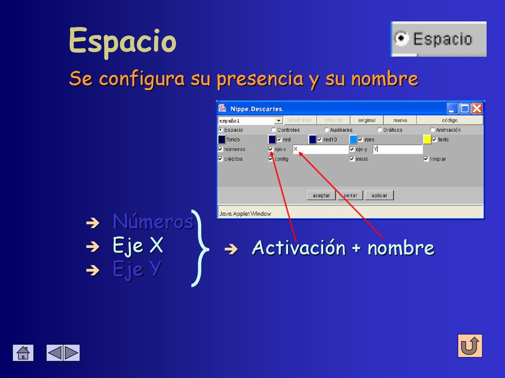 Espacio Se configura su presencia y su nombre Números Eje X