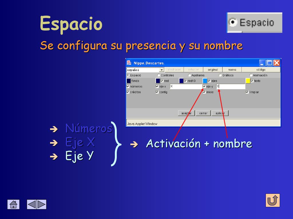 Espacio Se configura su presencia y su nombre Números Eje X