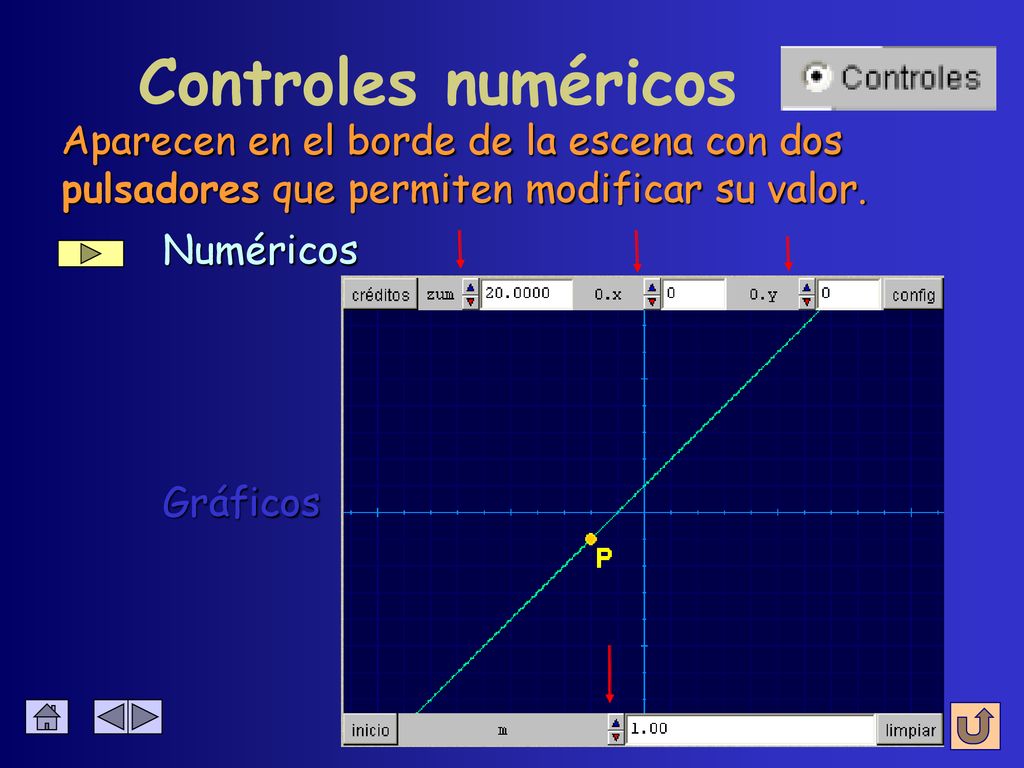 Controles numéricos Aparecen en el borde de la escena con dos pulsadores que permiten modificar su valor.