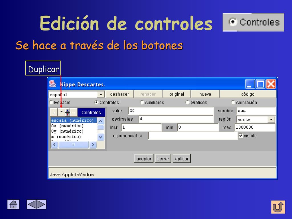 Edición de controles Se hace a través de los botones Duplicar