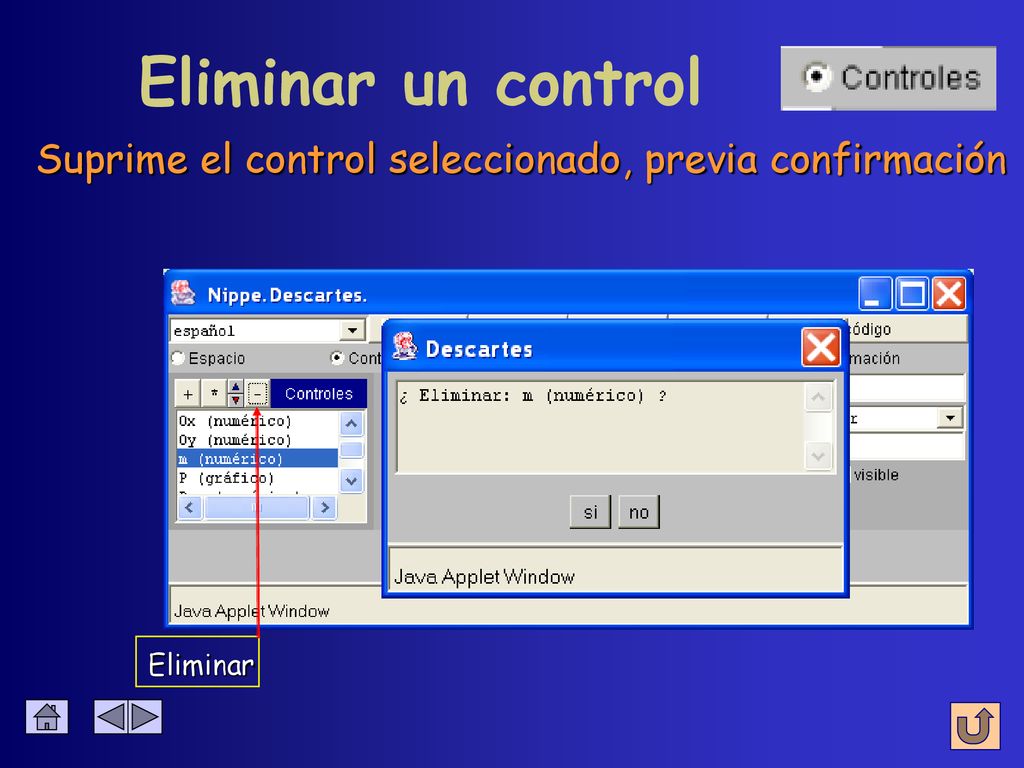Eliminar un control Suprime el control seleccionado, previa confirmación Eliminar