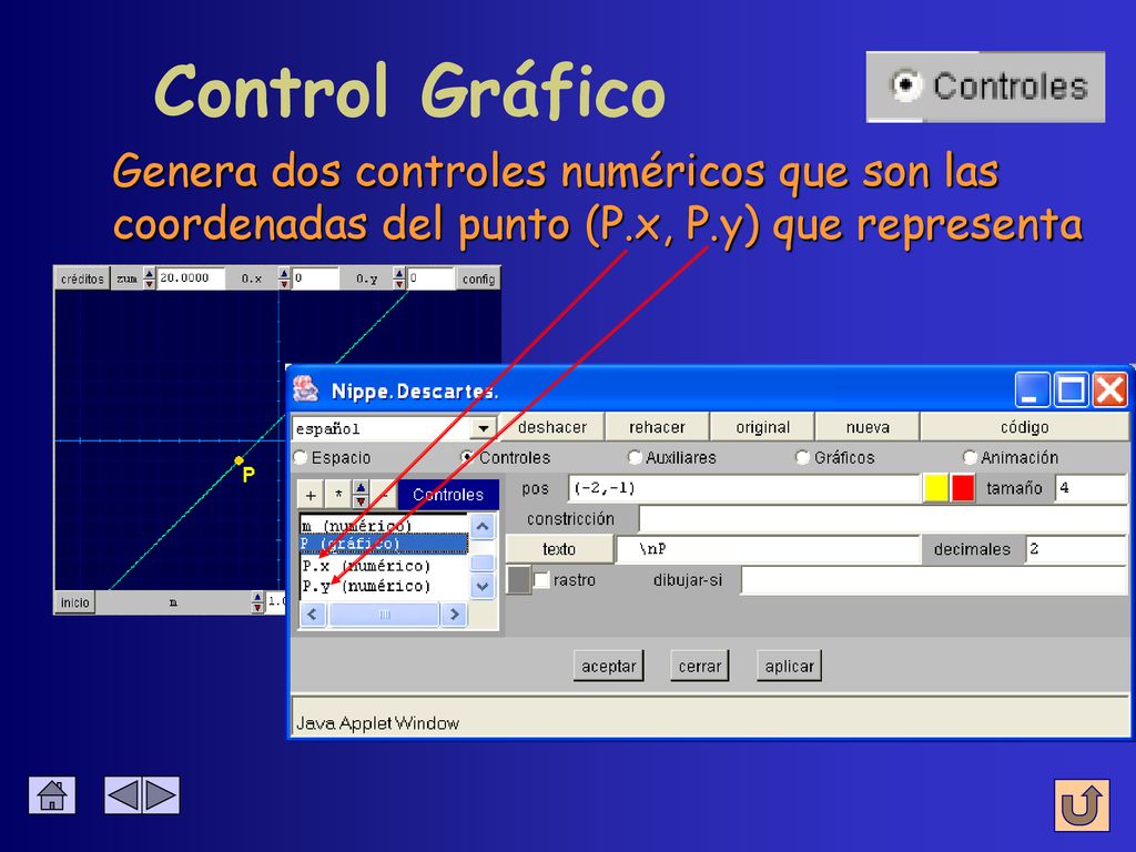 Control Gráfico Genera dos controles numéricos que son las coordenadas del punto (P.x, P.y) que representa.