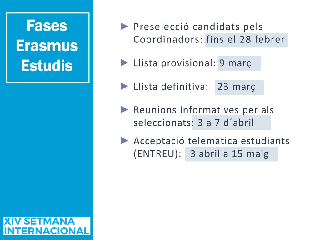 Fases Erasmus Estudis Preselecció candidats pels Coordinadors: fins el 28 febrer. Llista provisional: 9 març.