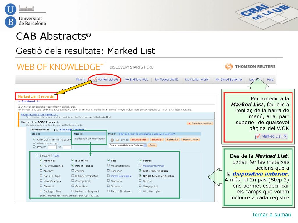 CAB Abstracts® Gestió dels resultats: Marked List