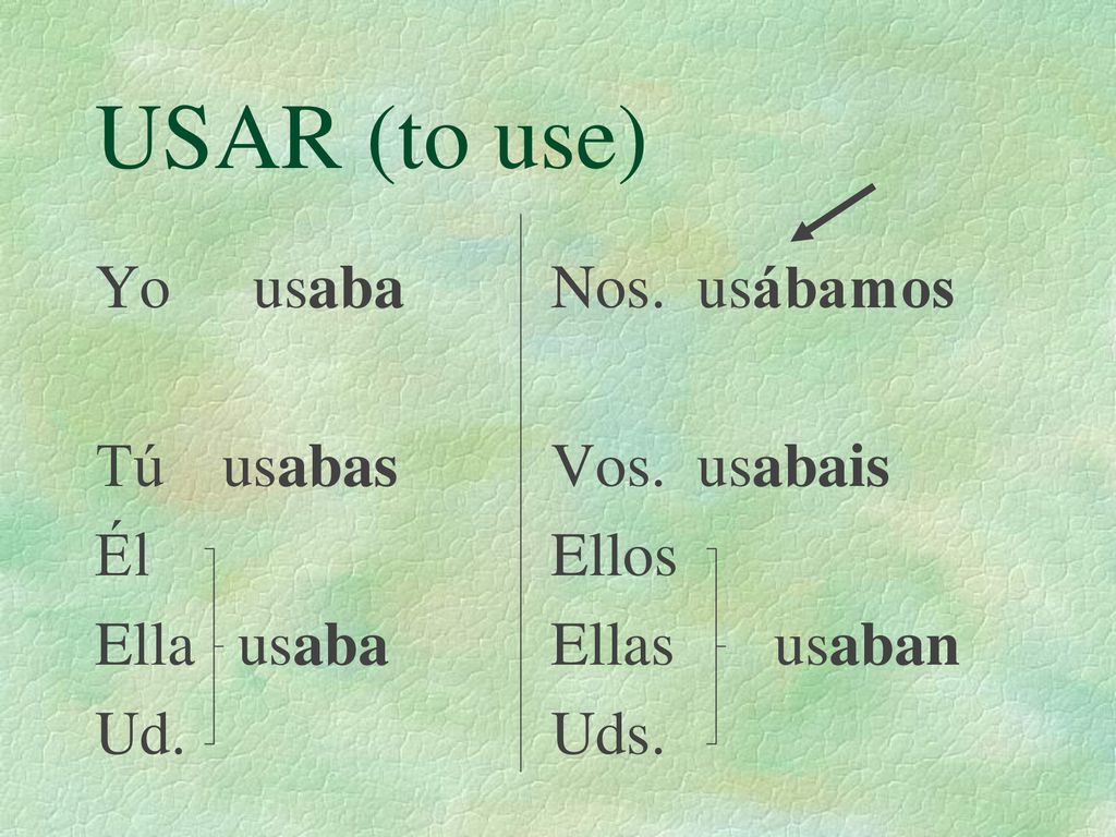 USAR (to use) Yo usaba Tú usabas Él Ella usaba Ud. Nos. usábamos