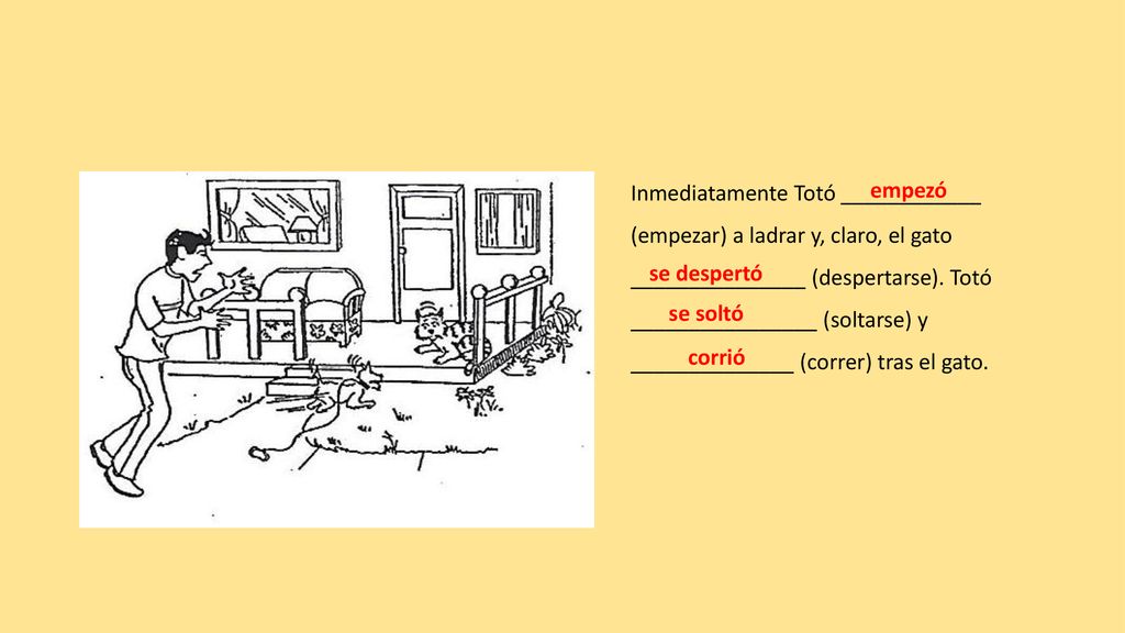 Inmediatamente Totó ____________ (empezar) a ladrar y, claro, el gato _______________ (despertarse). Totó ________________ (soltarse) y ______________ (correr) tras el gato.