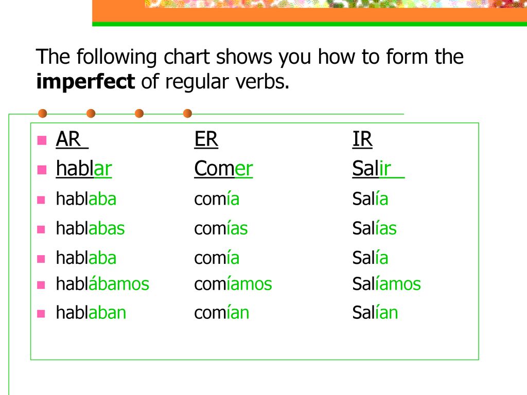 The following chart shows you how to form the imperfect of regular verbs.