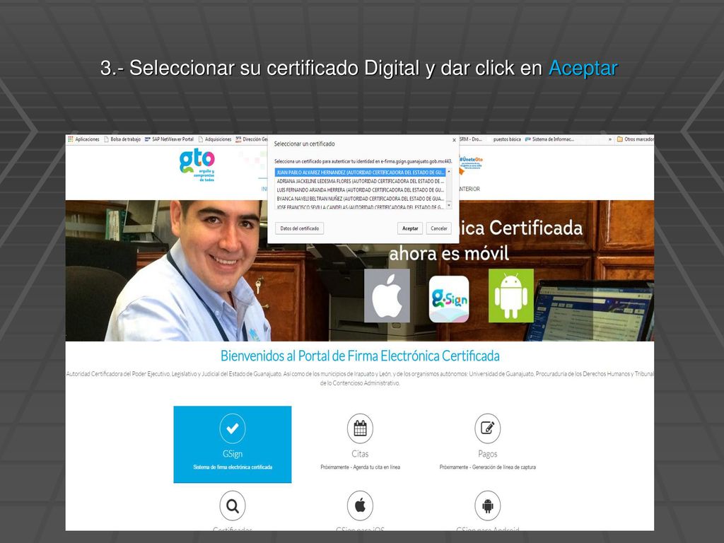 3.- Seleccionar su certificado Digital y dar click en Aceptar
