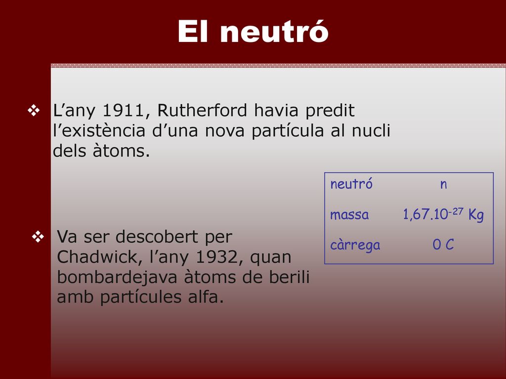 El neutró L’any 1911, Rutherford havia predit l’existència d’una nova partícula al nucli dels àtoms.
