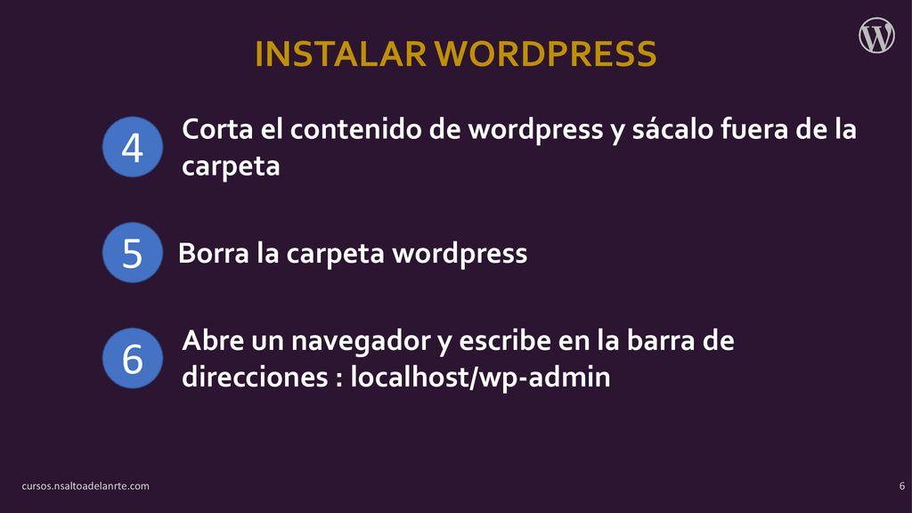 INSTALAR WORDPRESS Corta el contenido de wordpress y sácalo fuera de la carpeta Borra la carpeta wordpress.