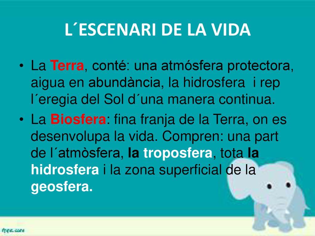 L´ESCENARI DE LA VIDA La Terra, conté: una atmósfera protectora, aigua en abundància, la hidrosfera i rep l´eregia del Sol d´una manera continua.
