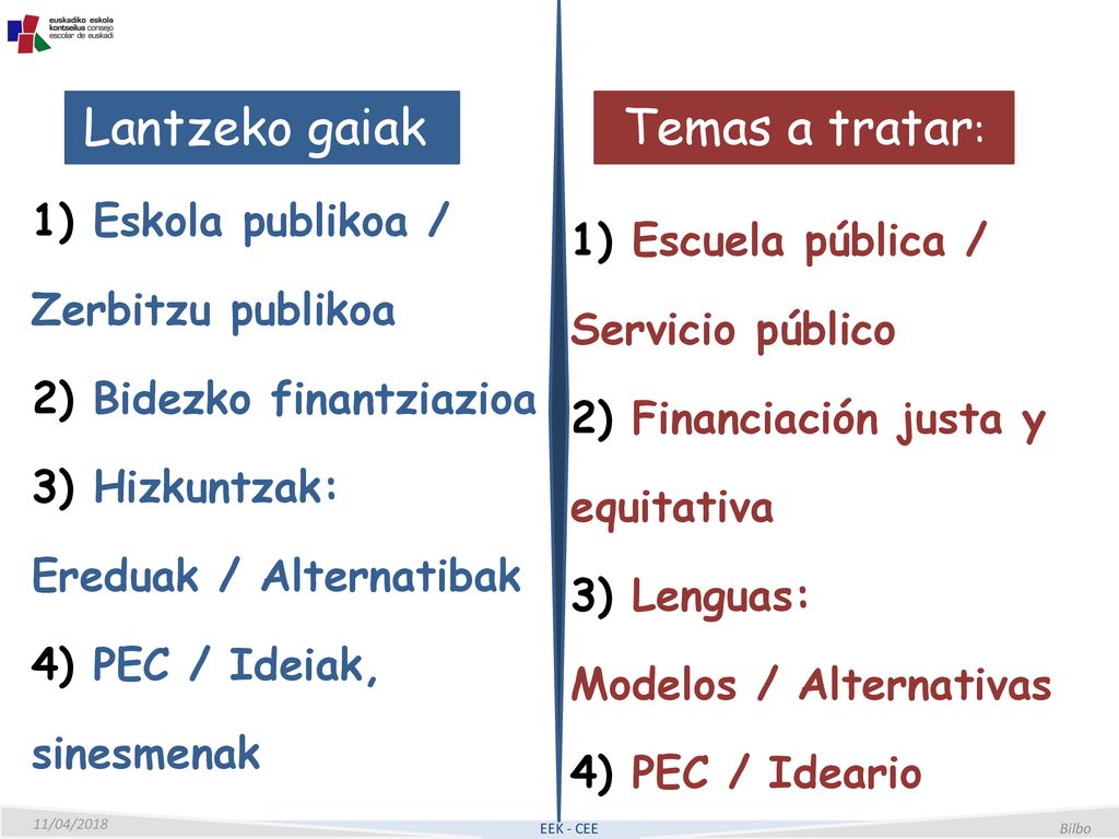 Lantzeko gaiak: Temas a tratar: 1) Eskola publikoa / Zerbitzu publikoa