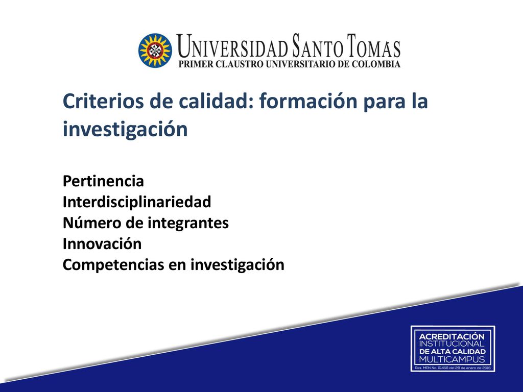 Criterios de calidad: formación para la investigación Pertinencia Interdisciplinariedad Número de integrantes Innovación Competencias en investigación