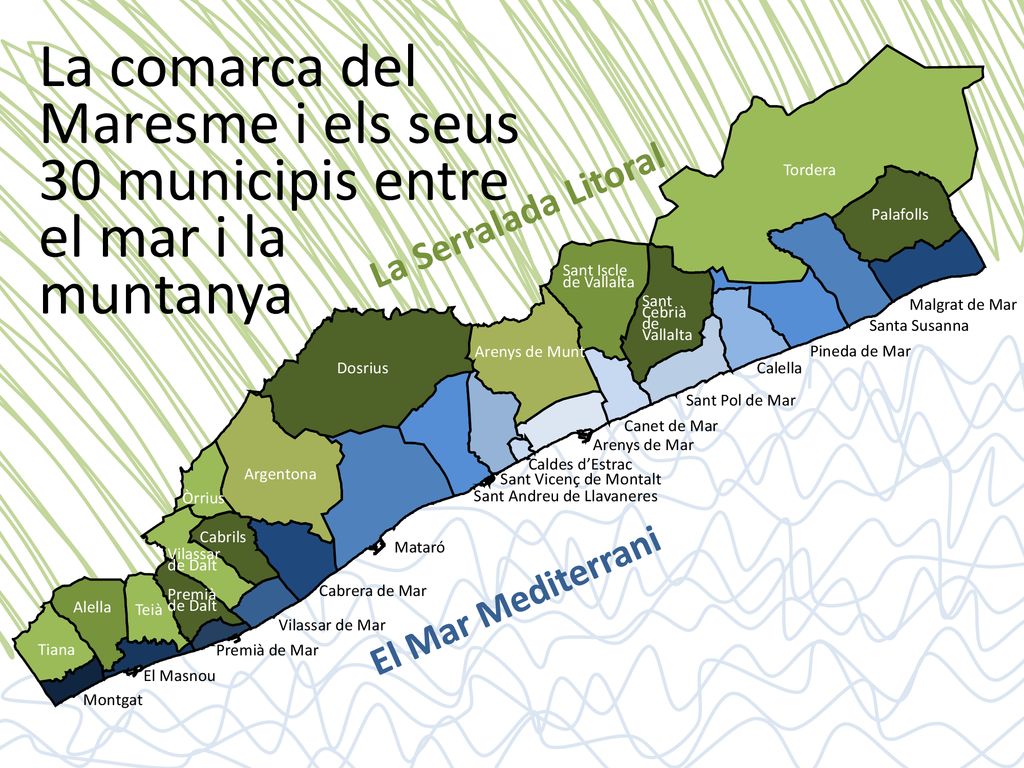 La comarca del Maresme i els seus 30 municipis entre el mar i la