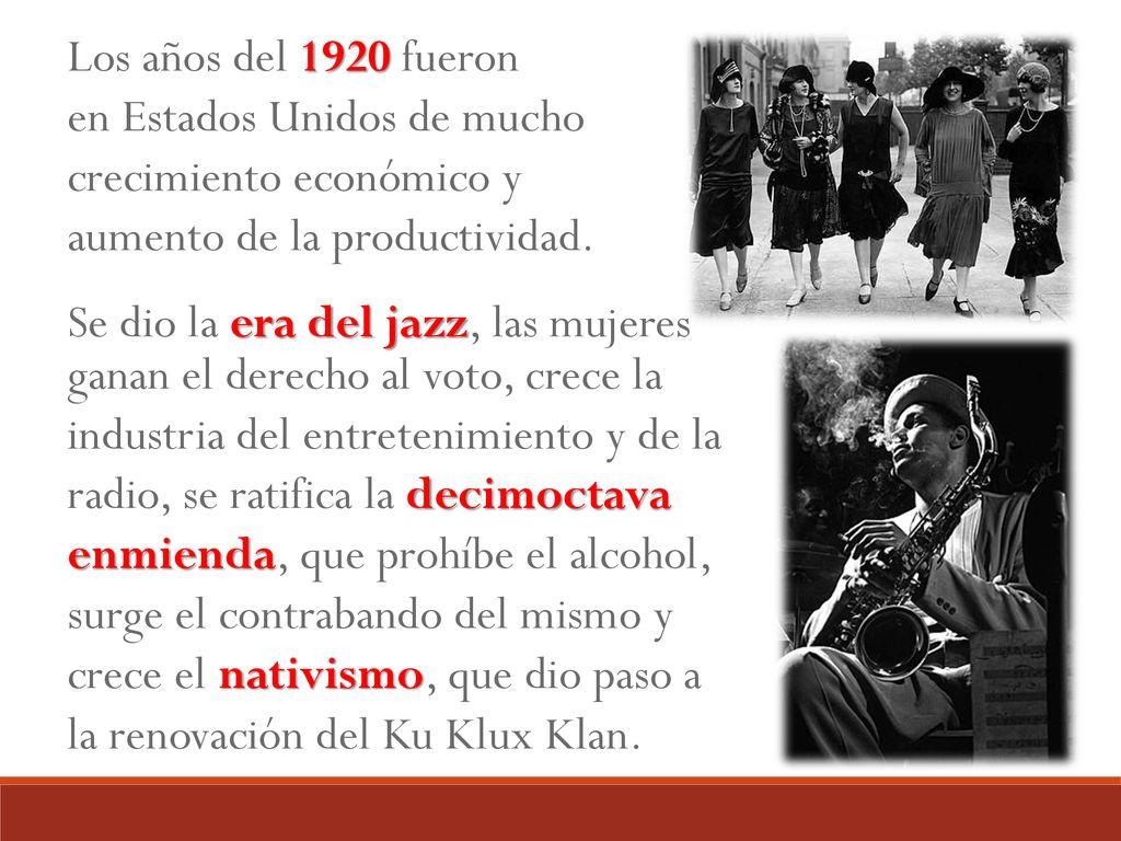 Los años del 1920 fueron en Estados Unidos de mucho. crecimiento económico y. aumento de la productividad.