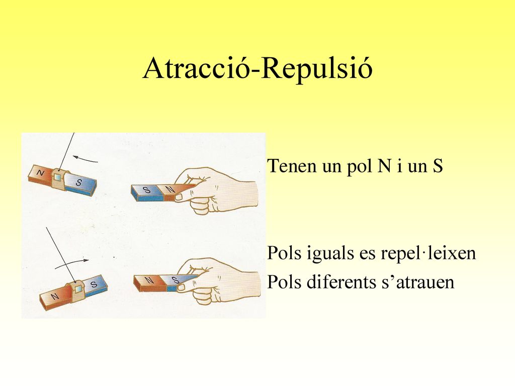 Atracció-Repulsió Tenen un pol N i un S Pols iguals es repel·leixen