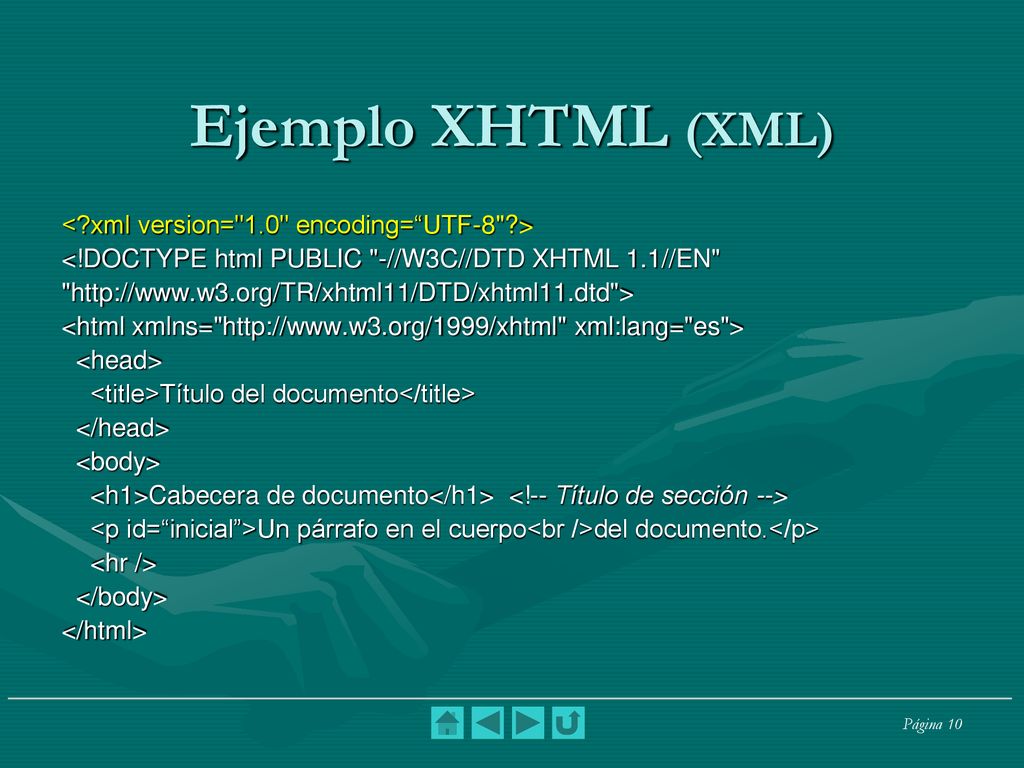 Ejemplo XHTML (XML) < xml version= 1.0 encoding= UTF-8 >