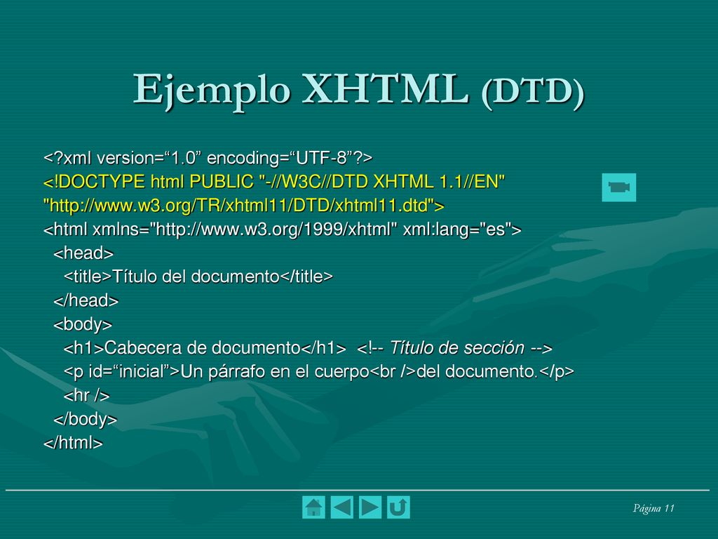 Ejemplo XHTML (DTD) < xml version= 1.0 encoding= UTF-8 >