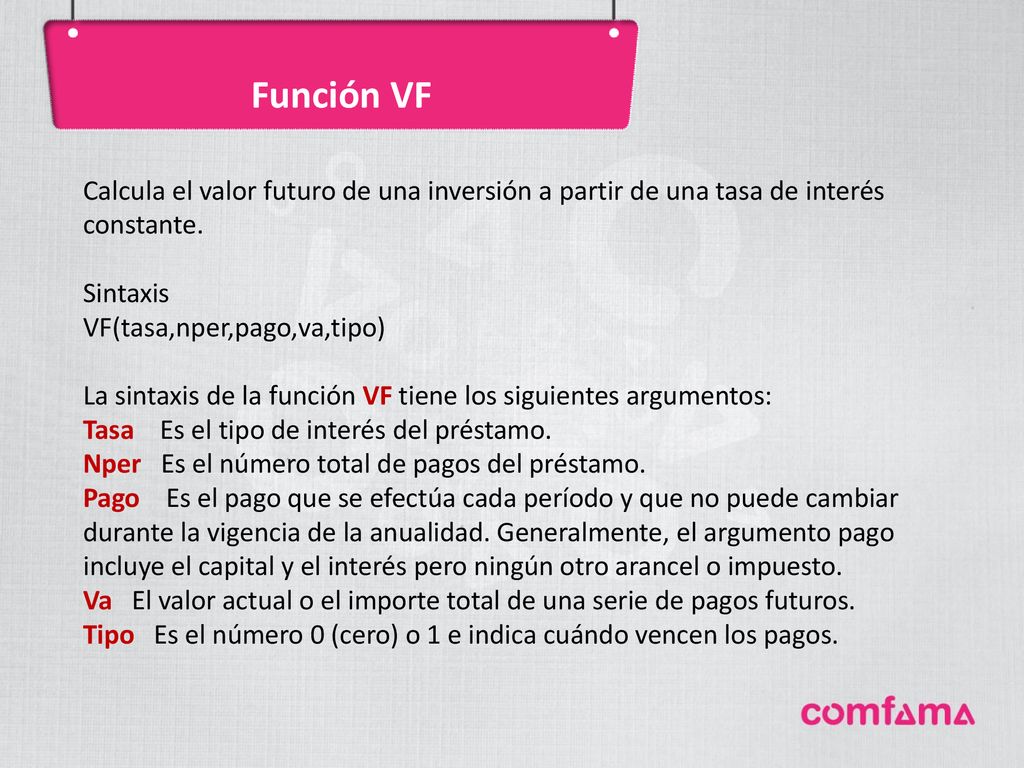 Función VF Calcula el valor futuro de una inversión a partir de una tasa de interés constante. Sintaxis.