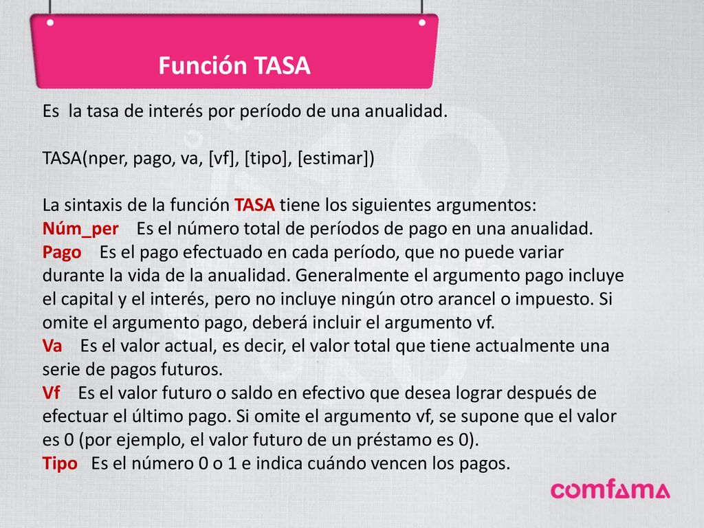 Función TASA Es la tasa de interés por período de una anualidad.