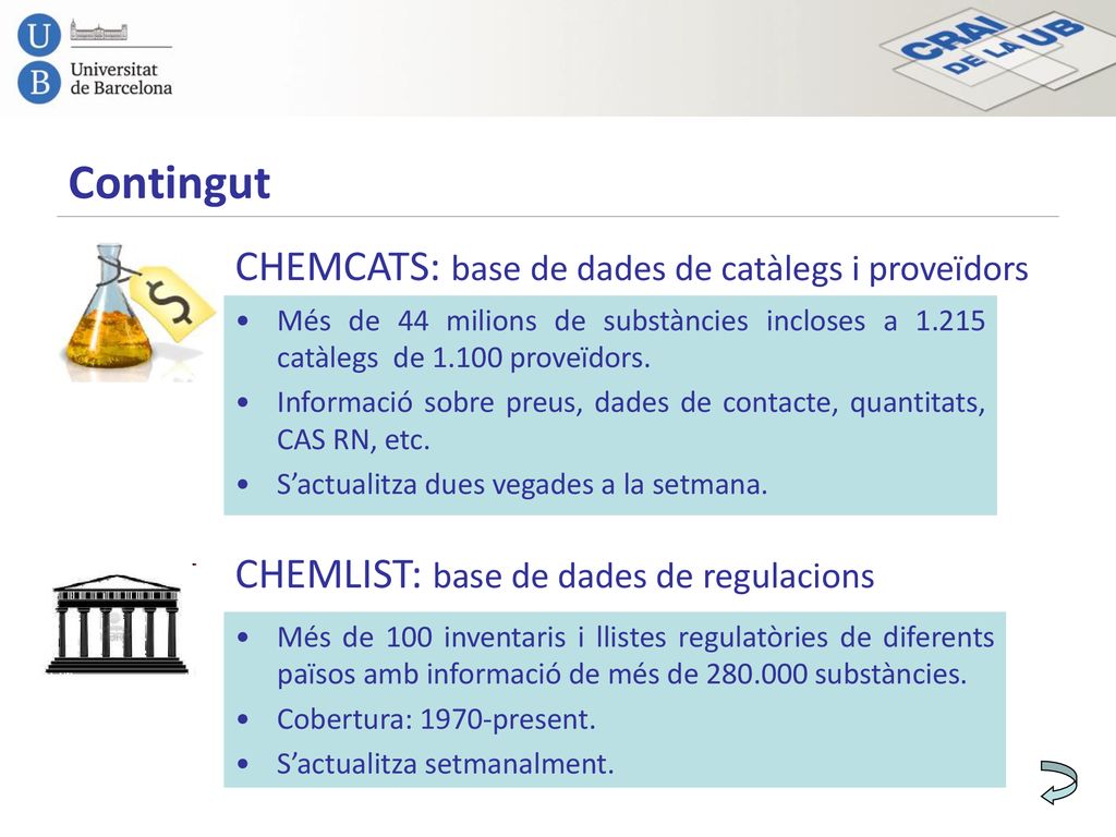 Contingut CHEMCATS: base de dades de catàlegs i proveïdors