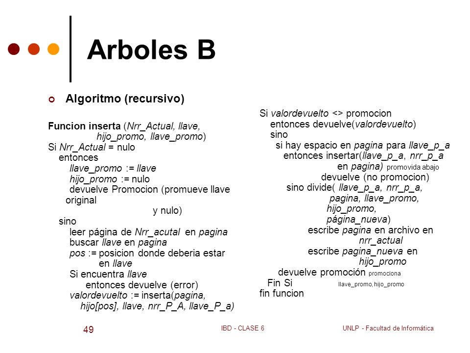Arboles B Algoritmo (recursivo) Funcion inserta (Nrr_Actual, llave,