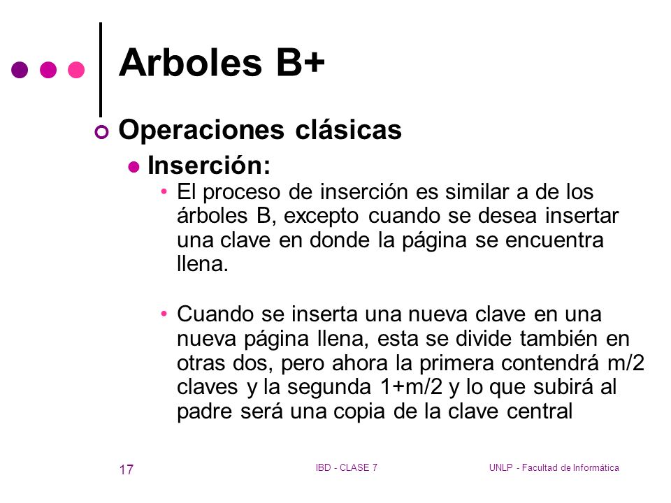 Arboles B+ Operaciones clásicas Inserción: