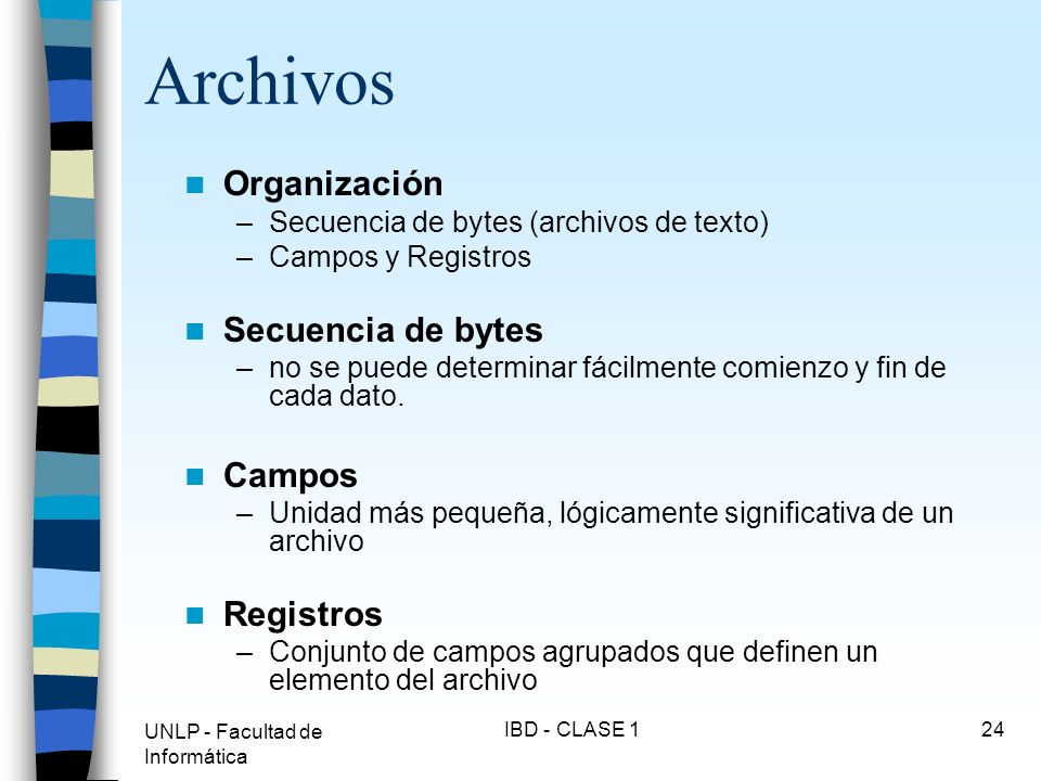 Archivos Organización Secuencia de bytes Campos Registros