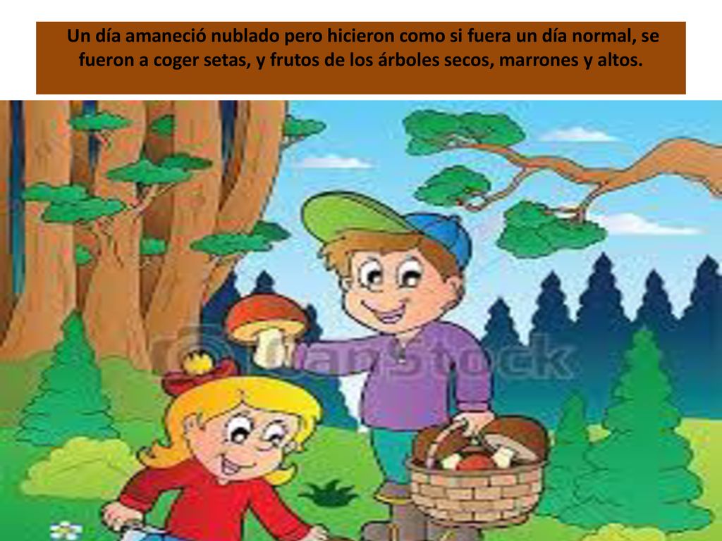 Un día amaneció nublado pero hicieron como si fuera un día normal, se fueron a coger setas, y frutos de los árboles secos, marrones y altos.