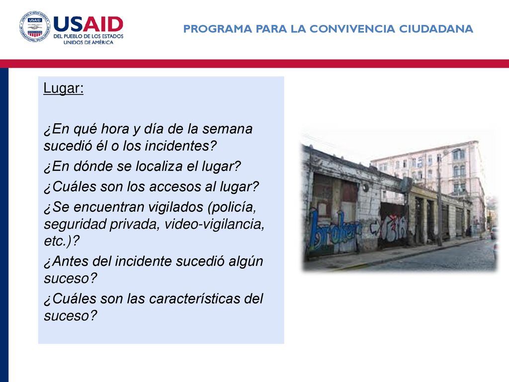 Lugar: ¿En qué hora y día de la semana sucedió él o los incidentes