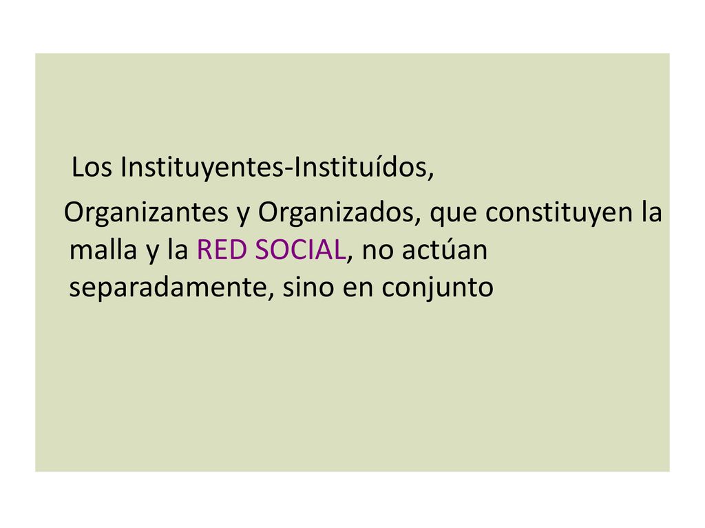 Los Instituyentes-Instituídos, Organizantes y Organizados, que constituyen la malla y la RED SOCIAL, no actúan separadamente, sino en conjunto