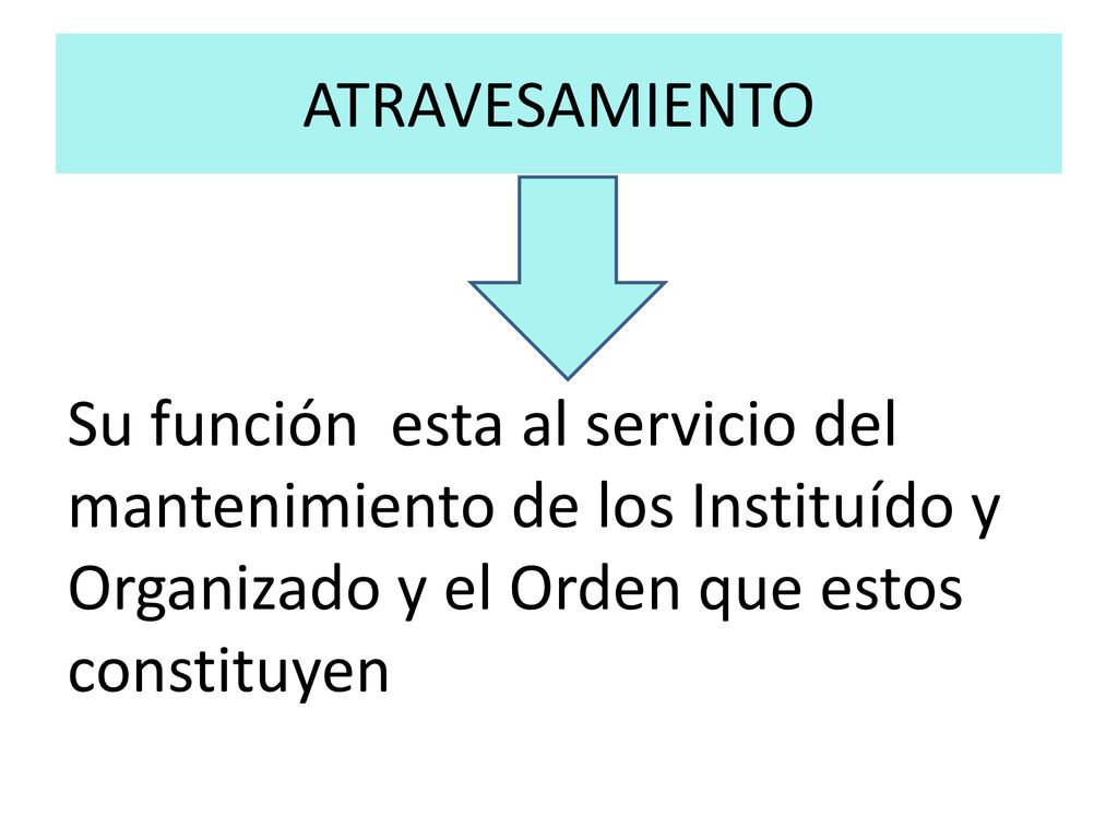 ATRAVESAMIENTO Su función esta al servicio del mantenimiento de los Instituído y Organizado y el Orden que estos constituyen.