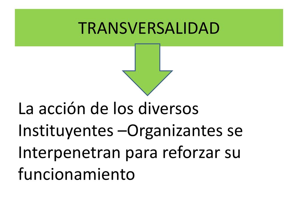 TRANSVERSALIDAD La acción de los diversos Instituyentes –Organizantes se Interpenetran para reforzar su funcionamiento.