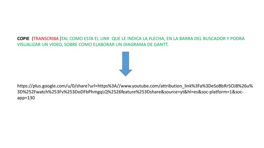 COPIE (TRANSCRIBA )TAL COMO ESTA EL LINK QUE LE INDICA LA FLECHA, EN LA BARRA DEL BUSCADOR Y PODRA VISUALIZAR UN VIDEO, SOBRE COMO ELABORAR UN DIAGRAMA DE GANTT.