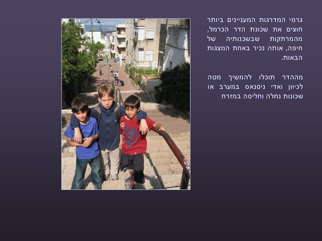 גרמי המדרגות המעניינים ביותר חוצים את שכונת הדר הכרמל, מהמרתקות שבשכנותיה של חיפה, אותה נכיר באחת המצגות הבאות.