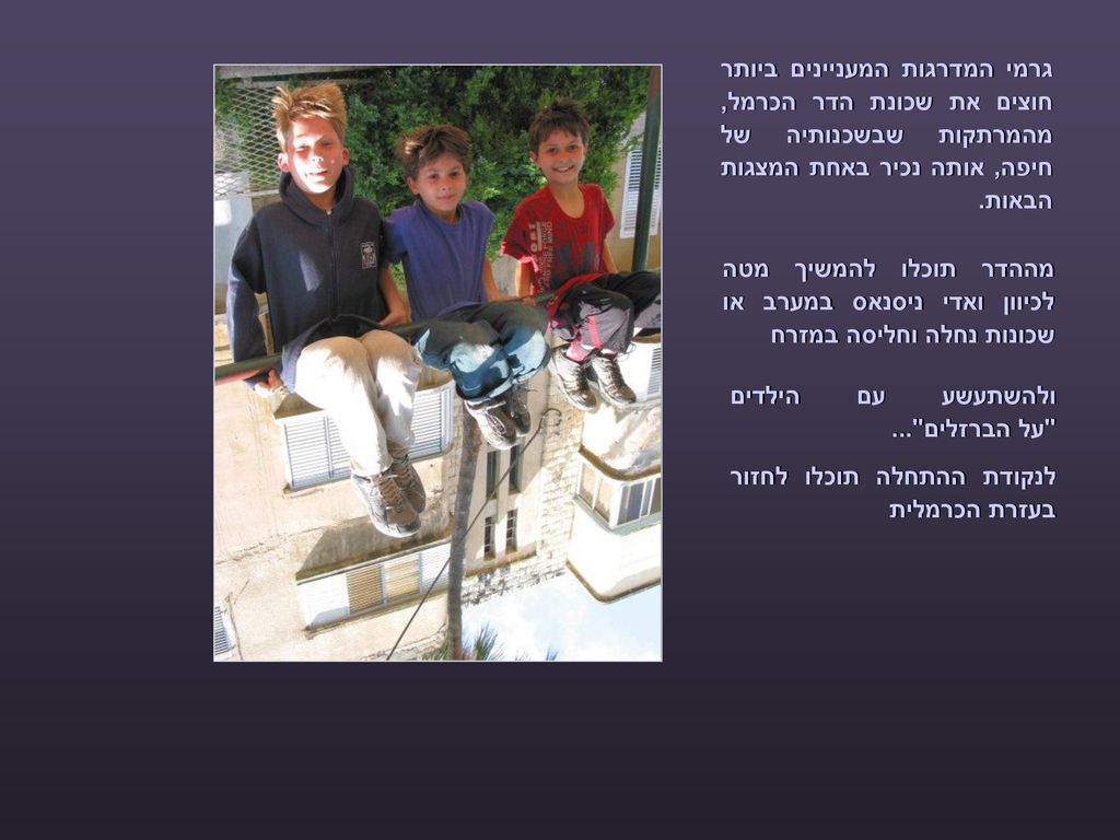 גרמי המדרגות המעניינים ביותר חוצים את שכונת הדר הכרמל, מהמרתקות שבשכנותיה של חיפה, אותה נכיר באחת המצגות הבאות.