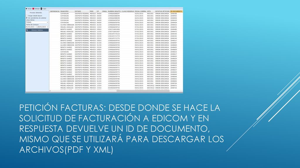 Petición facturas: desde donde se hace la solicitud de facturación a edicom y en respuesta devuelve un id de documento, mismo que se utilizará para descargar los archivos(pdf y xml)