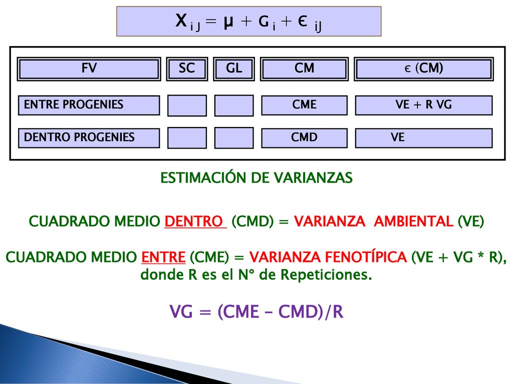 X i J = µ + G i + є iJ VG = (CME – CMD)/R ESTIMACIÓN DE VARIANZAS