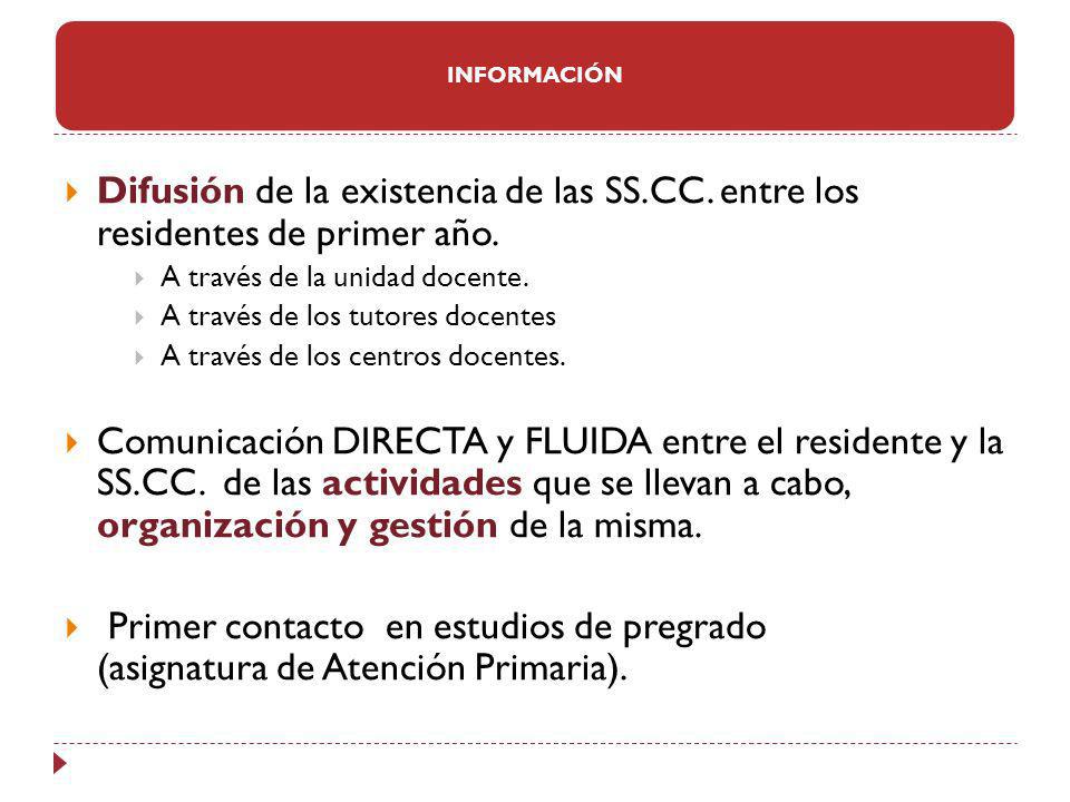 INFORMACIÓN Difusión de la existencia de las SS.CC. entre los residentes de primer año. A través de la unidad docente.