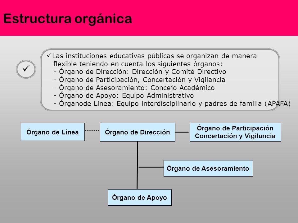 Estructura orgánica Las instituciones educativas públicas se organizan de manera. flexible teniendo en cuenta los siguientes órganos: